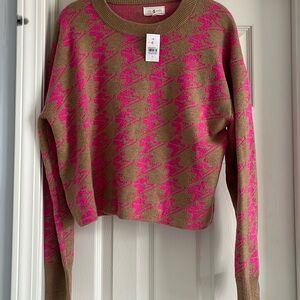 Lou & Grey cropped tan and hot pink ski sweater skier size S wool blend